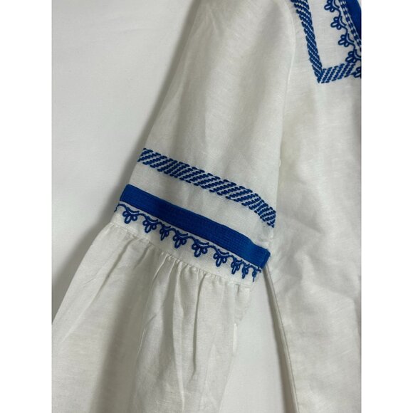 J Crew Tunic Blouse Women's Size 2 White Blue Embroidered Tassel Linen Blend - Picture 12 of 15